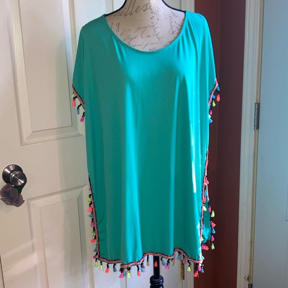 Neon Pom Pom Fringe Teal Swim Pool Vacation Resortwear Coverup sz L-XXL - Picture 2 of 8